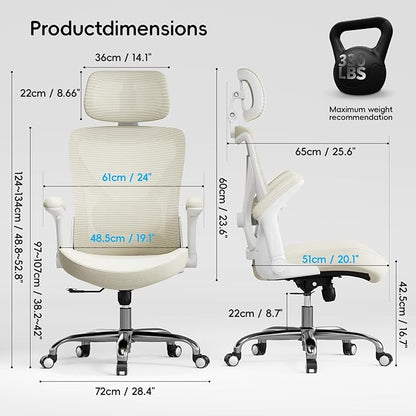 Ergalithic Office Home Ergonomic Desk Chair-Computer X-Shaped Chair Mesh PU Leather with Adjustable Lumbar Support-Executive Chair High Back with Headrest Flip-Up Arms for Long Hours (Beige)