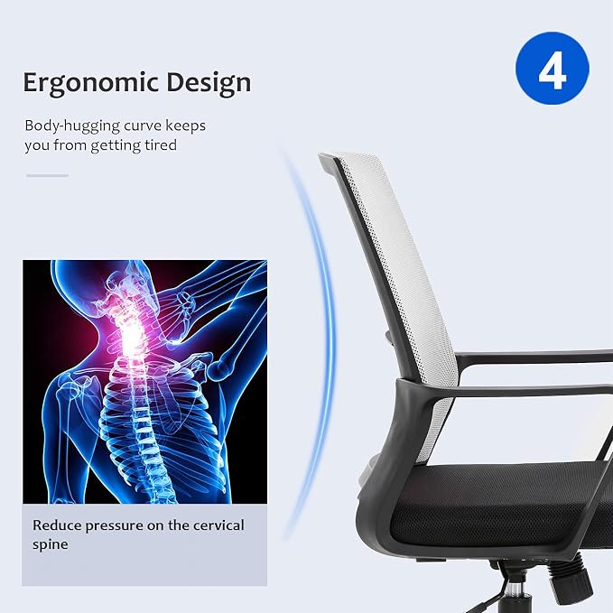 Office Chair Ergonomic Desk Task Chair Mesh Computer Chair Mid-Back Mesh Home Office Swivel Chair Modern Executive Chair with Wheels Armrests Lumbar Support (Grey)