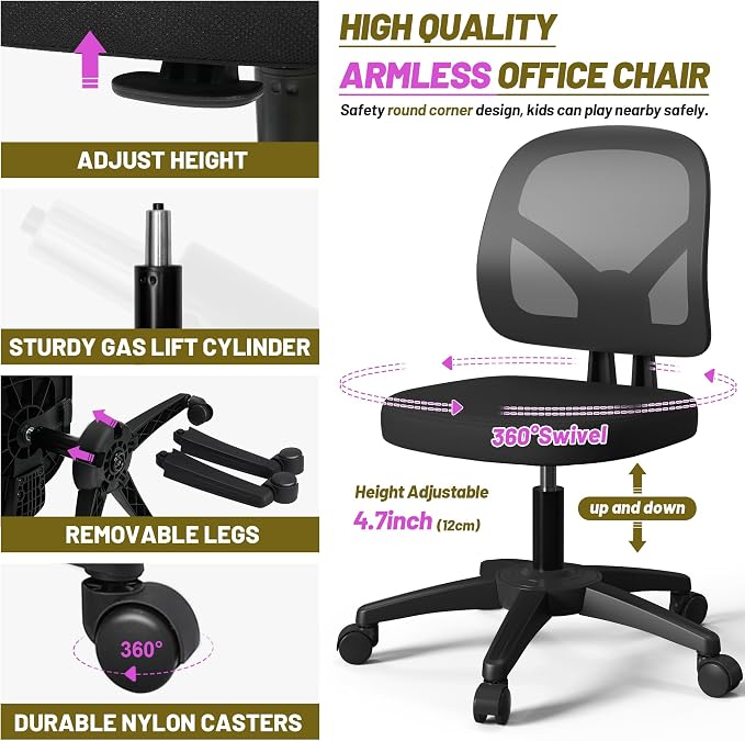 Swivel Armless Office Desk Chair No Arms with Back Support Rolling Wheels for Small Spaces Adult
