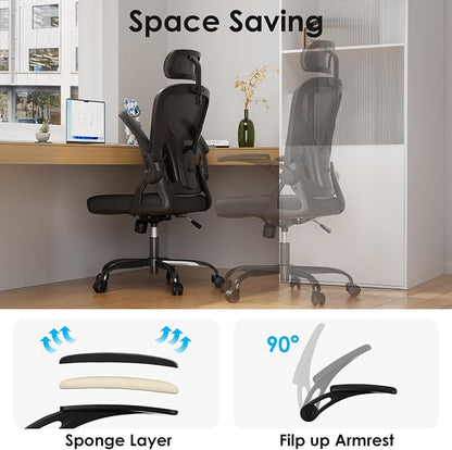 Farini Ergonomic Office Chair, Home Office Desk Chair with Headrest, High Back Swivel Computer Chair with Armrests and Adjustable Lumbar Support for Home Office Study Room, Black & Dark Black