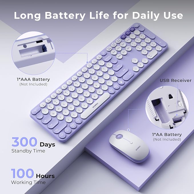 seenda COE202 Wireless Bluetooth Keyboard and Mouse Combo, Lilac Purple | USB & Dual Bluetooth for 3-Device Switching, Soft Quiet Round Keys, Silent Clicks, Full-Size for PC/Laptop/Mac/MacBook/iPad