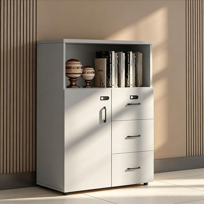 File Cabinet with Password Lock, Wood Lateral Filing Cabinet for Letter/A4 Files, 3 Drawer with Door, Printer Stand with Open Shelves for Home Office