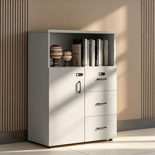 File Cabinet with Password Lock, Wood Lateral Filing Cabinet for Letter/A4 Files, 3 Drawer with Door, Printer Stand with Open Shelves for Home Office