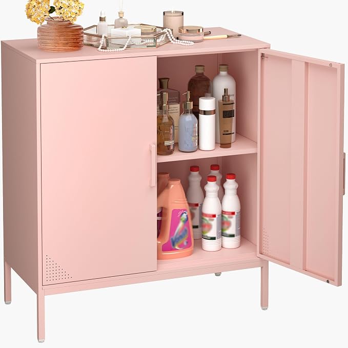 Steehoom Metal Storage Cabinet with 2 Doors, Steel Buffet Sideboard Entryway Locker Cabinet Kitchen Cupboard for Garage, Dining Room, Kitchen, Office, Bar (Pink, 31.5" D x 15.75" W x 35.43" H)