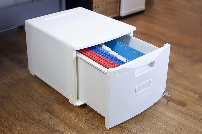 Storex Plastic One-Drawer File Cabinet – Locking Document Organizer for Home and Office, White, 1-Pack (61271A01C)
