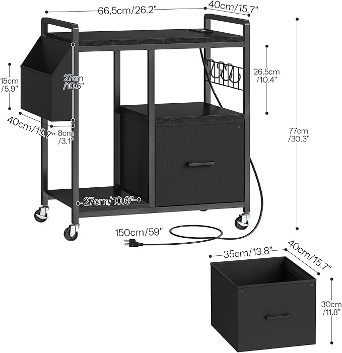 HOOBRO Printer Stand with Charging Station, Printer Shredder Stand with Wheels and File Drawer, Industrial Printer Cart, Mobile Table with Fabric Storage Pouch, for Home Office, Black BB09UPS01