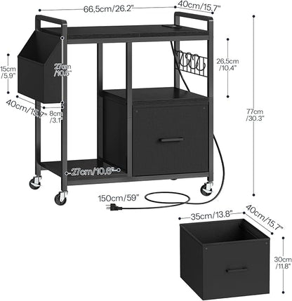 HOOBRO Printer Stand with Charging Station, Printer Shredder Stand with Wheels and File Drawer, Industrial Printer Cart, Mobile Table with Fabric Storage Pouch, for Home Office, Black BB09UPS01