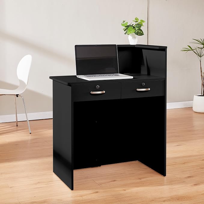Small Reception Desk with Counter,Front Desk with Two Lockable Drawers,Cable Management Holes,Counter Table for Salon Lobby Office Home (Black, 17.7" D x 30.7" W x 39.3" H)