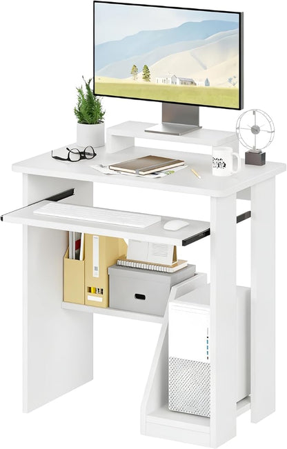 ALISENED Computer Desk, 30 Inch Compact Desk with Keyboard Tray & Monitor Stand for Space-Saving, Ergonomic Study Desk with Storage Shelves for Writing, Gaming, Working, White