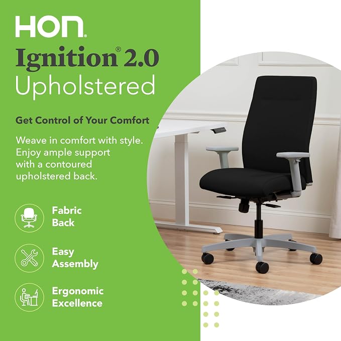 HON Ignition 2.0 Ergonomic Office Chair with Adjustable Arms, Standard Synchro‑Tilt Recline, Upholstered Desk and Computer Chair for Home Office or Workstation, Titanium Frame, Black