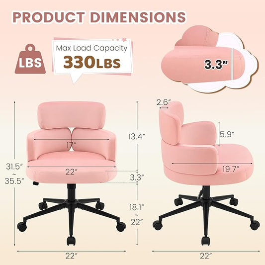 Home Office Chair with Unique Curved Back, Cute Pink Upholstered Wide Seat Desk Chair with Wheels,Swivel Tilt & Height Adjustable, Plush Velvet Fabric Matel Base for Home Office Vanity, Pink