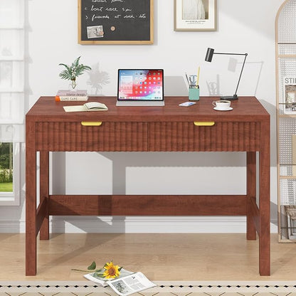 YOMILUVE Fluted Computer Desk with 2 Drawers, 39 Inch Small Computer Desk with Storage, Compact Writing Study Desk for Small Spaces, Red Walnut