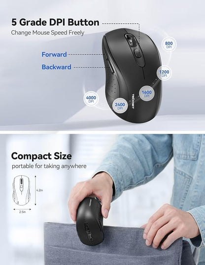 TECKNET Bluetooth Mouse (BT 5.0/3.0+2.4Ghz), 6-Level 4000 DPI Wireless Mice for Laptop, 2-in-1 Ergonomic Computer Portable PC Mouse, Silent Mouse with USB Receiver for Windows/Mac/PC/Notebook