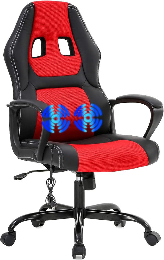 Gaming Chair Ergonomic Office Chair Racing Desk Chair Massage PU Leather Adjustable Chair with Lumbar Support Headrest Armrest Task Rolling Swivel Computer Chair for Adults(Red)