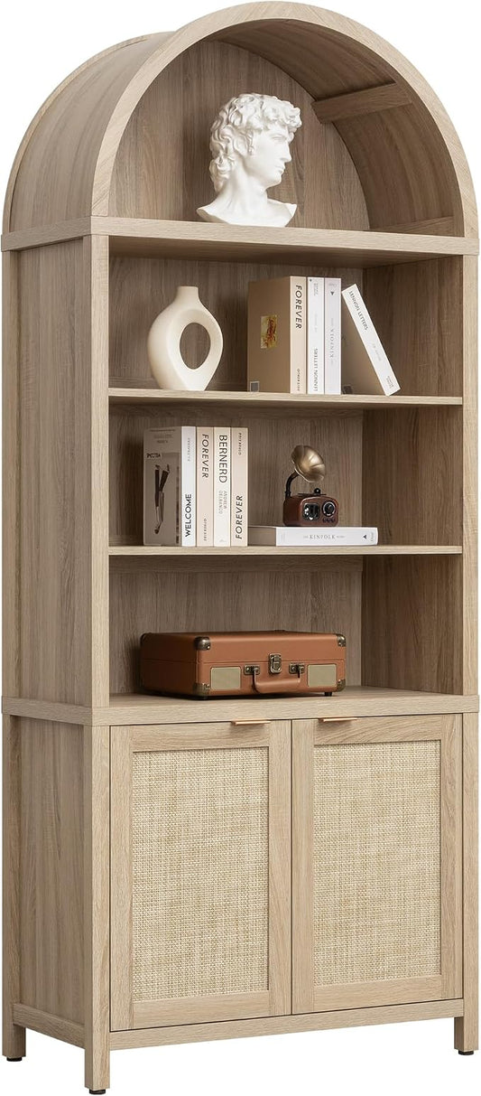 SICOTAS Book Shelf Arched Cabinet Bookshelf Arch 84.2" Tall Bookcase 5 Tier Large Bookshelves with Doors Storage Rattan Boho Wide Book Shelves Case for Living Room Kitchen Office Library