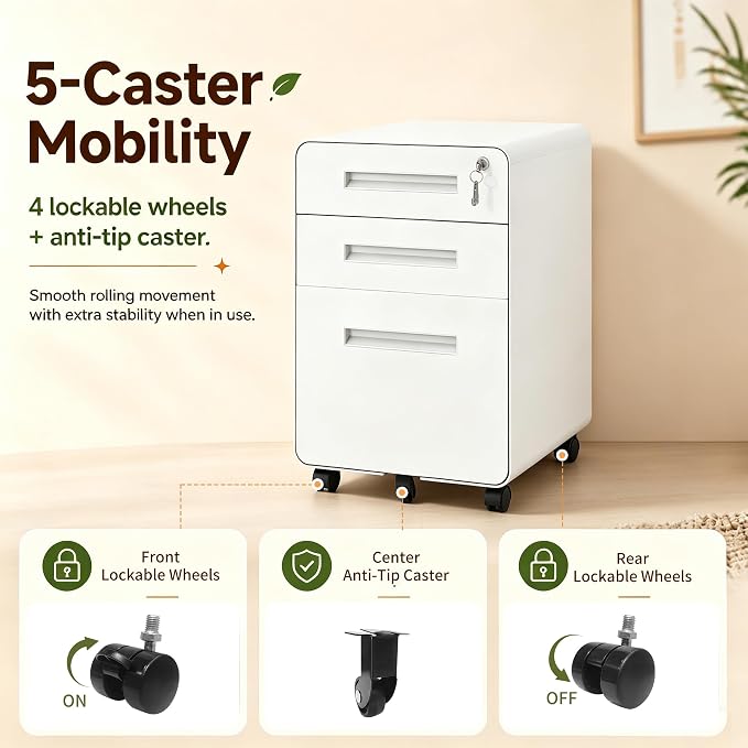 SAWJEC 3 Drawer File Cabinet with Lock, Rolling Under Desk Printer Stand, 23" H x 18" D x 16" W, Fully Assembled for Legal/Letter, White