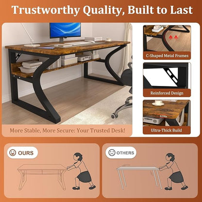 55 X 23.6'' Computer Desk, Home Office Desks w/Shelf Storage, Computer Desk w/Metal Frame, Cable Management, Study Student Desk Writing Work Table Deeper & Thicker Desktop for Home Bedroom