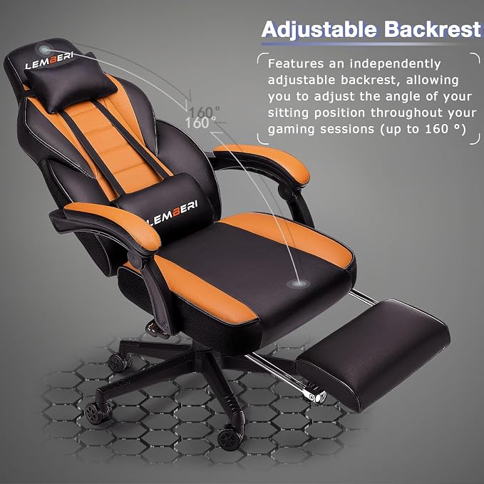 LEMBERI Big and Tall Gaming Chair 400lb Capacity, Heavy-Duty Office Chair with Reinforced Footrest, Wide Seat High Back PC Desk Chair with Linkage Armrests, Thickened Steel Frame, PU Leather, Orange