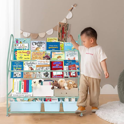 aboxoo Metal Kids Bookshelf Green Freestanding for Children Room 32 in Toy Organizer Book Unit Storage Large Green Stable Bookcase Bookstore Living Room Bed Room Library