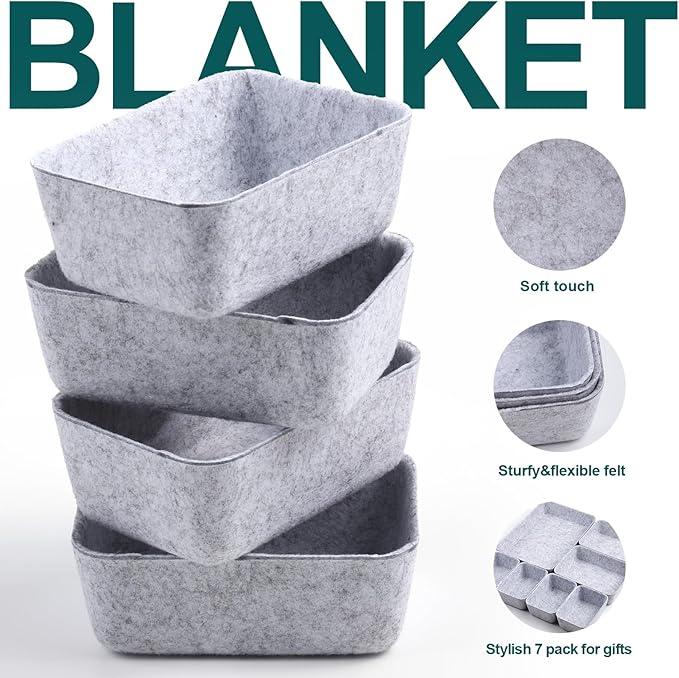 Desk Drawer Organizer | 7 Pack Felt Drawer Organizer Shallow Drawer Organizers Felt Storage Bins (Light Gray)