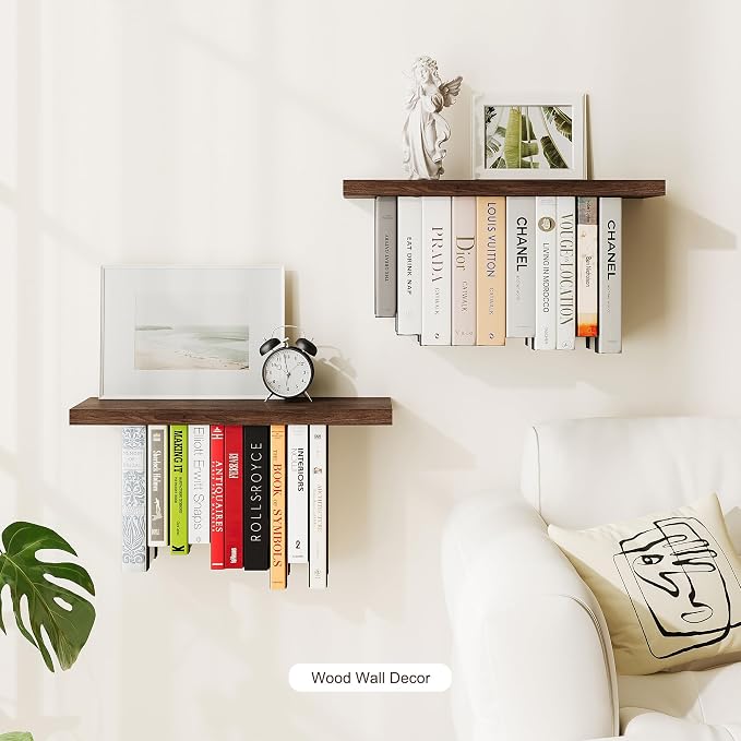 Floating Bookshelves for Wall, Rustic Wood Hanging Wall Bookshelf, Upside Down Book Shelf and Wall Mounted Bookshelves for Home Decor in Bedroom, Living Room, Carbonized, 2 Pack