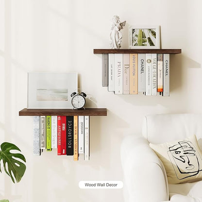 Floating Bookshelves for Wall, Rustic Wood Hanging Wall Bookshelf, Upside Down Book Shelf and Wall Mounted Bookshelves for Home Decor in Bedroom, Living Room, Carbonized, 2 Pack
