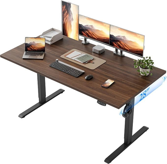 Klicelor 55 x 28 Electric Standing Desk, Sit Stand Up Home Office Desk, Height Adjustable Deep Cumputer Table with Memory Presets and Hooks, Two Pieces, Dark Walnut