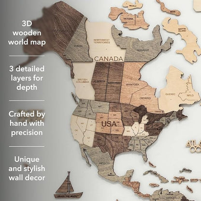 Enjoy The Wood 3D Wooden World Map Wall Art - Large Travel Map with Pins for Art Decor - Decorative Map of the World for Home, Office - Travel Wall Art Housewarming Gift Idea (Smokey, L, Unframed)