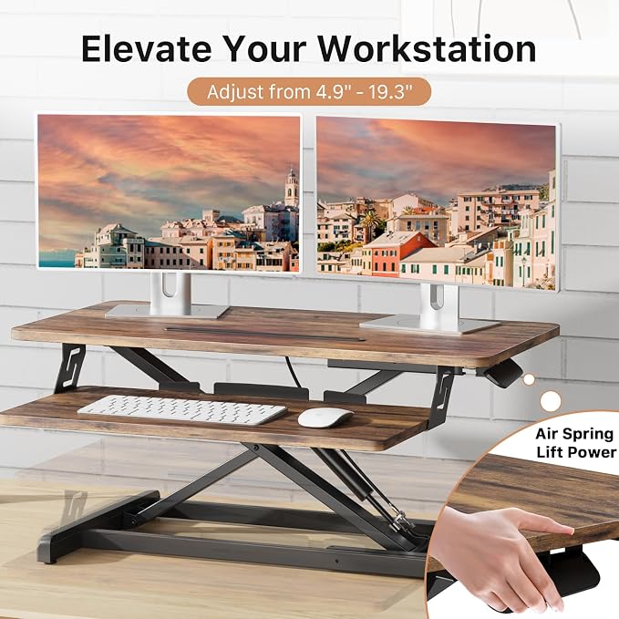 JOY worker Standing Desk Converter, 32" Wide Height Adjustable Sit Stand Up Desk Riser with Keyboard Tray, Desktop Workstation Riser for Home Office Computer Laptop, Particle Board, Rustic