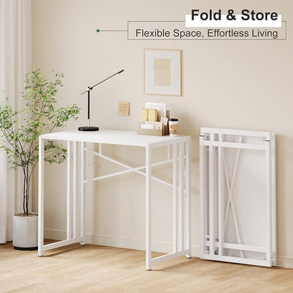 Lutown-Teen Small Folding Desk 35 inch, No Assembly Required Narrow Office Desk, Writing Gaming Computer Camping Table, White