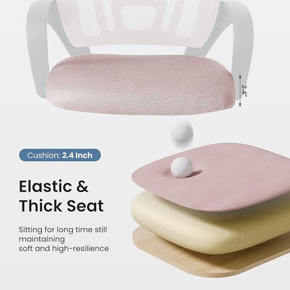 DUMOS Home Office Chair - Ergonomic Mid Back Mesh Desk Chair with Lumbar Support & Rocking Mode, Height Adjustable with Fixed Armrest, for Computer, Gaming, Meeting, Pink, 2 Pack