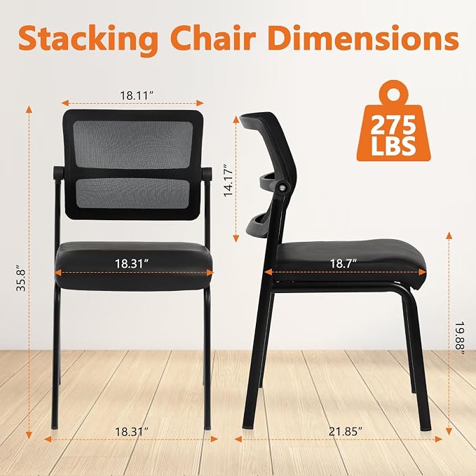 CLATINA Stackable Mesh Office Chair Armless Guest Waiting Stacking Chair with Ergonomic Lumbar Support & Leather Seat Cushion, for Conference, Lobby, School, Reception, BlackTotal Budget, Black