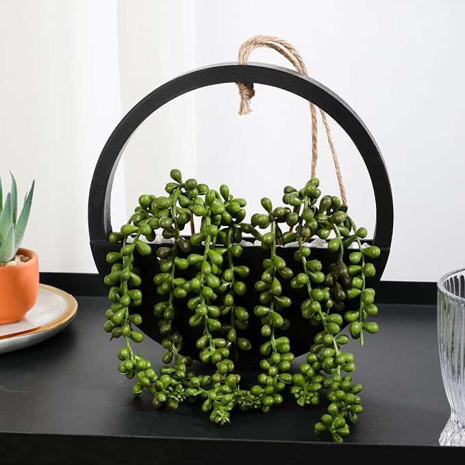 2 Pack Fake Plants Artificial Wall Hanging Plants, Boho Hanging Planter Fake Succulents Artificial String of Pearls in Black Wooden Pots with Lanyard for Home Office Wall Decoration