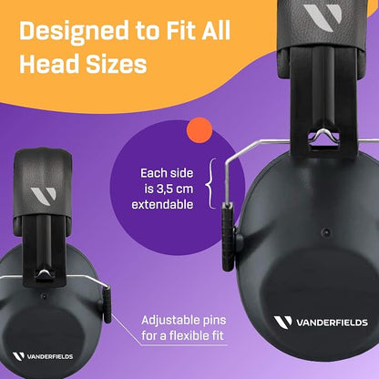 Vanderfields - Hearing Protection Ear Muffs - Over 31 dB (2K Hz) Broad Noise Cancelling Sound Reduction - Adults & Teens