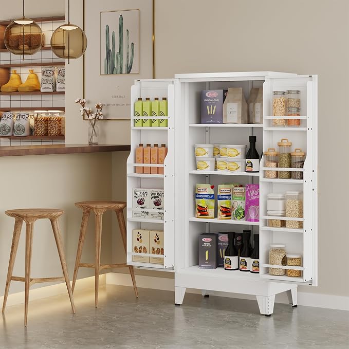 White Pantry Storage Cabinet, 48" Kitchen Pantry with Doors and 3 Adjustable Shelves, Metal Freestanding Buffet Cupboards Sideboard, for Office, Home, Garage, School