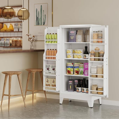 White Pantry Storage Cabinet, 48" Kitchen Pantry with Doors and 3 Adjustable Shelves, Metal Freestanding Buffet Cupboards Sideboard, for Office, Home, Garage, School