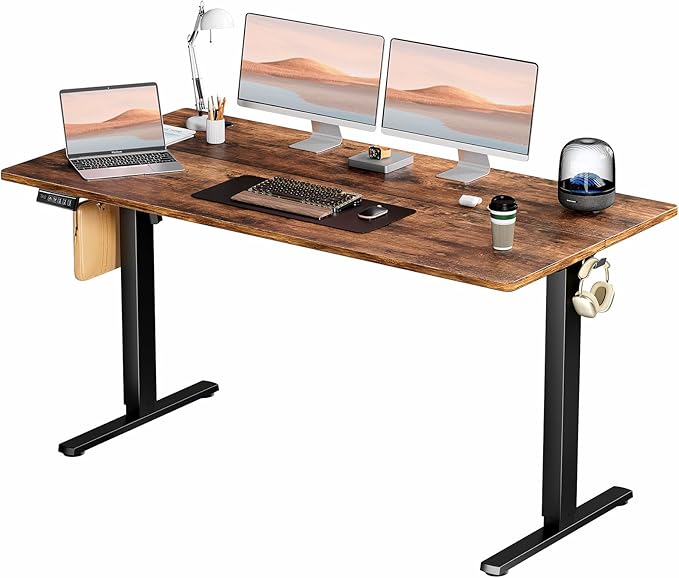 Sweetcrispy Electric Standing Desk Adjustable Height, 63x24 Inch Sit Stand Up Home Office Desks Memory Computer Workstation PC Work Table with Preset Splice Wood Board Metal Frame, Rustic