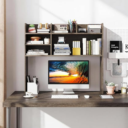 LDAILY 3-Tier Desktop Bookshelf, Wooden Desk Hutch for Computer Monitor Up to 32 Inch, Desk Organizer Shelf with Adjustable Shelf & 6 Storage Shelves, Desk Display Rack for Home Office Dorm (Grey Oak)