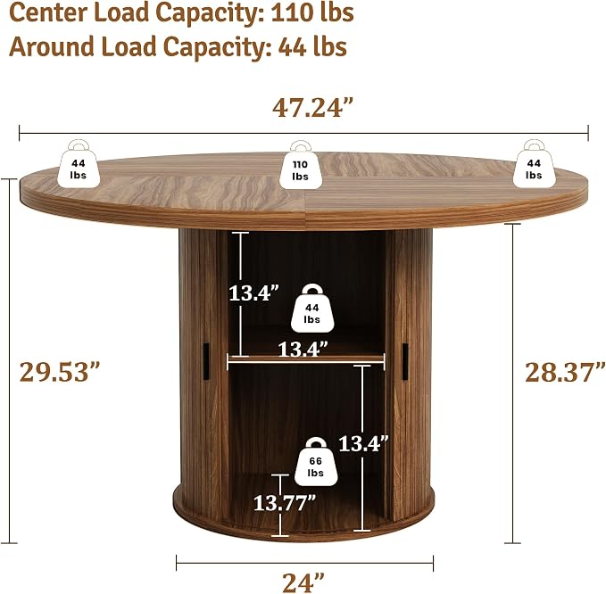 47 inch Round Dining Table for 4-6, Dinner Table with 2-Layer Storage Shelf, Morden Circle Kitchen Table with Wooden Strip Base and Wood Slide Door for Home Dining Room, Living Room, Chestnut