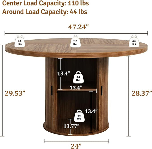 47 inch Round Dining Table for 4-6, Dinner Table with 2-Layer Storage Shelf, Morden Circle Kitchen Table with Wooden Strip Base and Wood Slide Door for Home Dining Room, Living Room, Chestnut