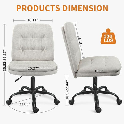 Home Office Desk Chair Comfy - Armless Criss Cross Chair with Wheels Vanity Chair Office Chairs Rolling Swivel Height Adjustable for Adults - Beige
