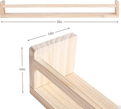 AZSKY Montessori Floating Book Shelves for Kids Room, 36 Inch Front Facing Nursery Bookshelves Wall Mounted with Safety Rail, Natural Wood Book Display for Toddler Baby Nursery, Set of 3