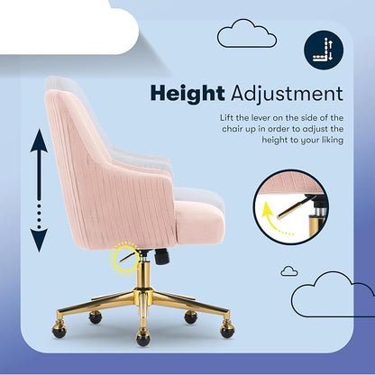 Serta Scarlett Modern Office Chair, Pleated and Curved Mid-Back Desk Chair, Pocket Coil Seat Cushion, Padded Armrests, Vanity Armchair with Wheels, Swivel Gold Base, Pink Velvet Fabric