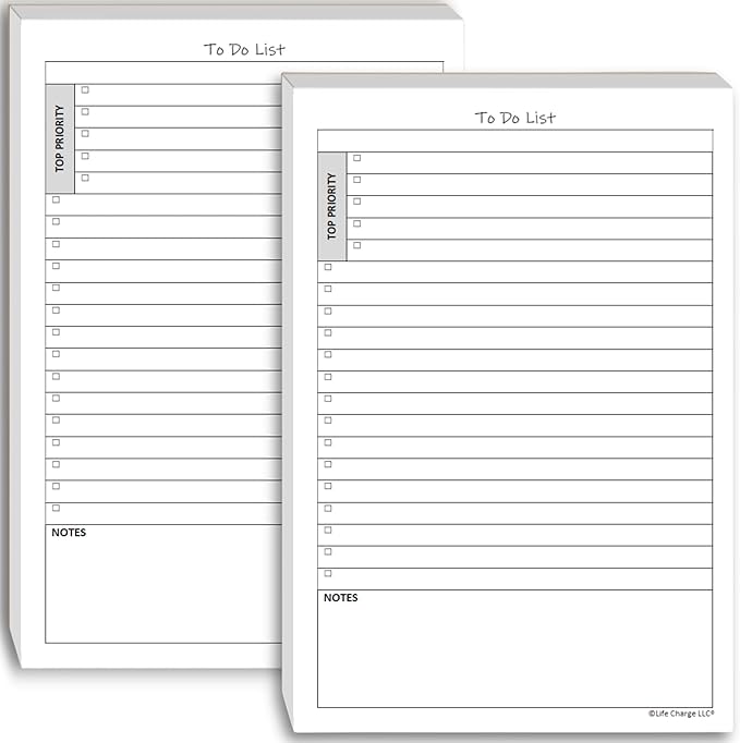 Life Charge To Do List Notepads for Work, Daily Checklist Planner Pads with Priority & Notes, 2 Pack, 100 Pages Total, 8.5 x 5.5 Half Letter, Portrait