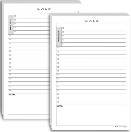Life Charge To Do List Notepads for Work, Daily Checklist Planner Pads with Priority & Notes, 2 Pack, 100 Pages Total, 8.5 x 5.5 Half Letter, Portrait