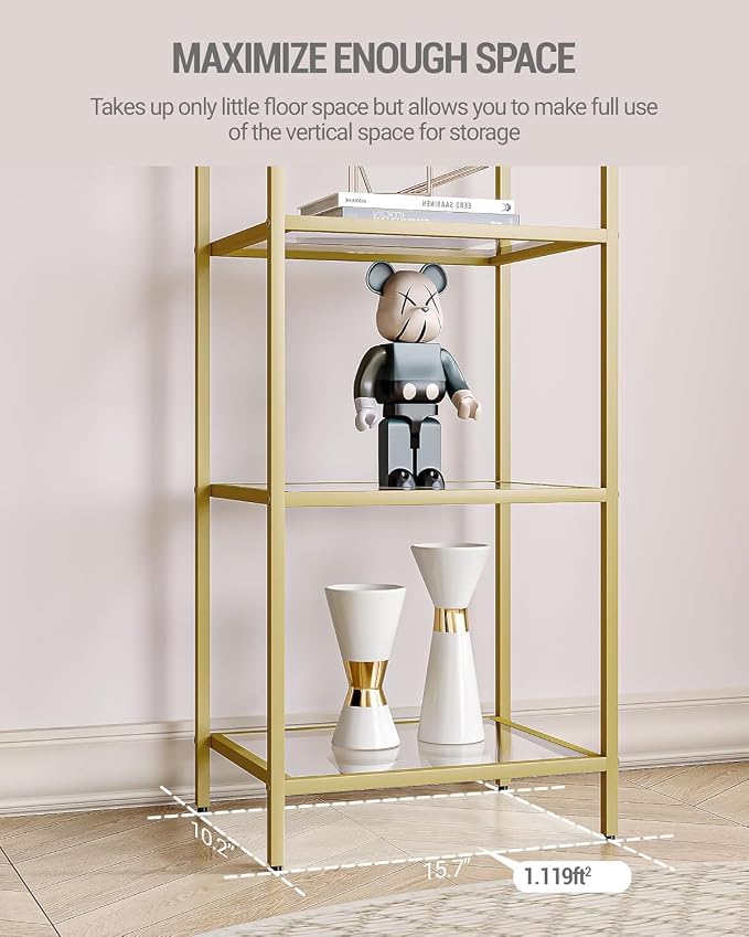Hzuaneri Bookcase Bookshelf, Tempered Glass Bookshelves, Slim Shelving Unit for Bedroom, Bathroom, Home Office, Steel Frame, 6 Tier Gold BC10601G