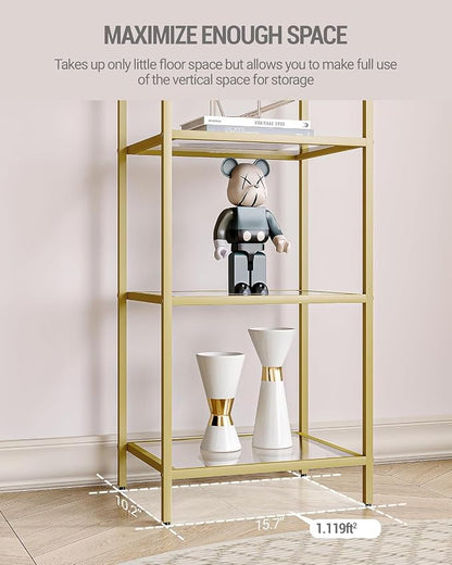Hzuaneri Bookcase Bookshelf, Tempered Glass Bookshelves, Slim Shelving Unit for Bedroom, Bathroom, Home Office, Steel Frame, 6 Tier Gold BC10601G