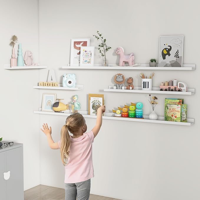 FLYJOE Picture Ledge Shelf, Floating Shelves Set of 2, 48 Inches Long Large Nursery Book Shelves for Toys Storage, Kids Bookshelf Wall Mounted for Living Room Bedroom Decor Books Photo Frames, White