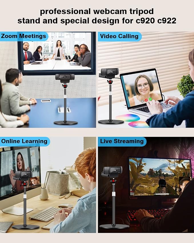 Webcam Tripod Stand for Desk: Webcam Stand for Logitech Brio | C920 | C922 | C615 | C930e - Height & Angle Adjustable Desktop Tripod for Light & 1/4" Thread for Live Streaming | Video Calling