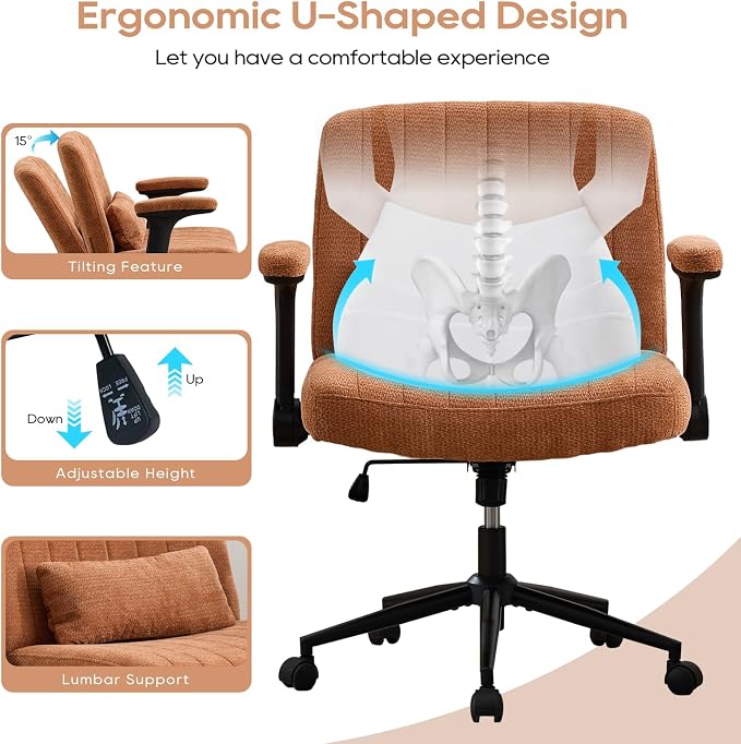 IPKIG Criss Cross Chair with Adjustable Flip-up Arms, Vanity Chair with Wheels, Comfy Desk Chair with Lumbar Pillow Swivel Wide Office Chair for Home Office, Bedroom, Chenille, Orange